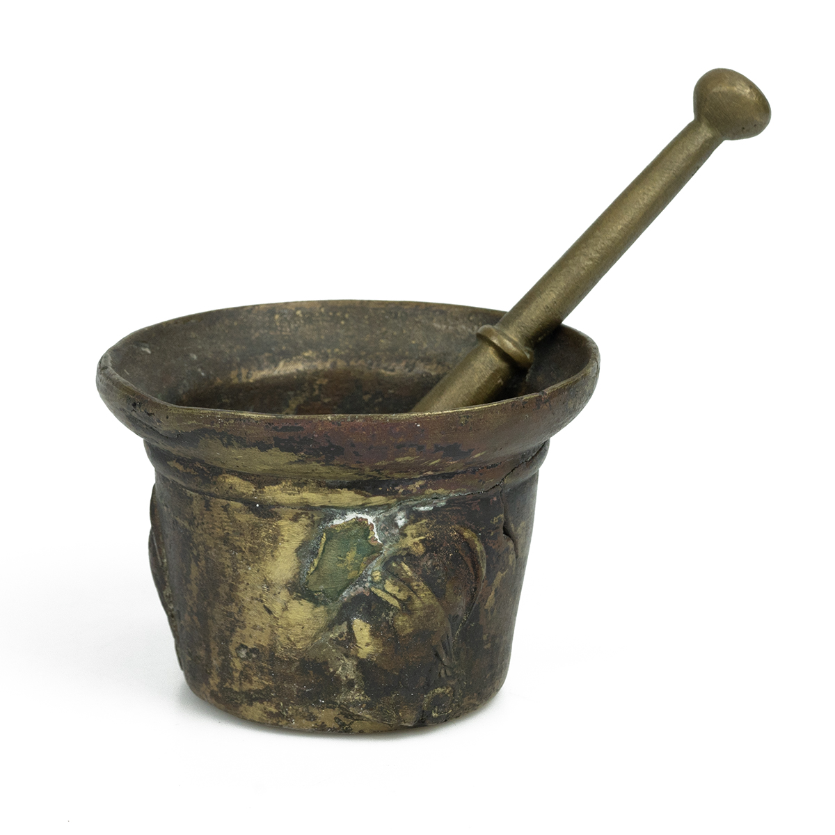 17th Century or earlier bronze apothecary's mortar with pestle. The heavily patinated bowl, which...