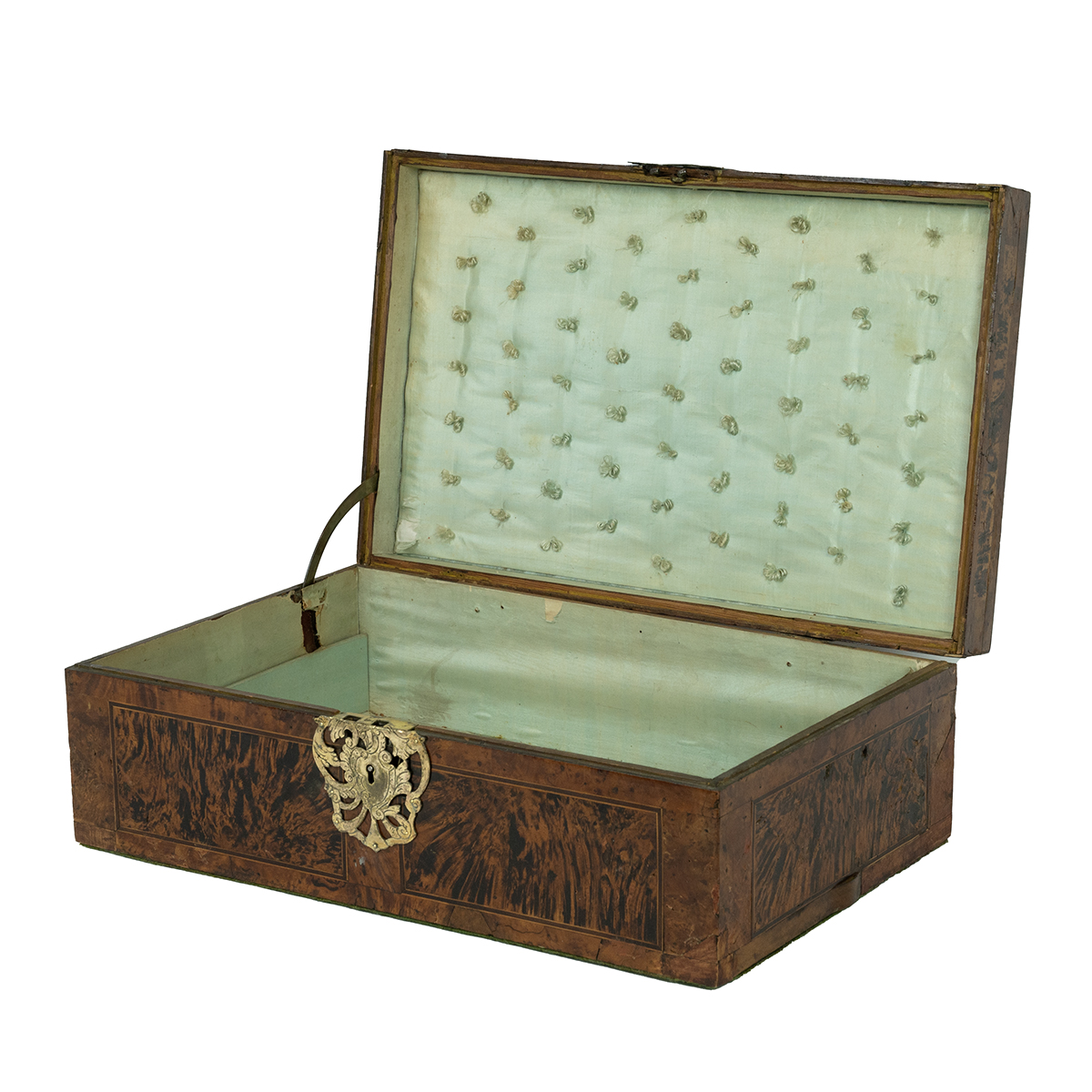 19th Century Anglo-Indian burr Walnut box with pierced brass fittings and stylised motif to lid. ... - Image 2 of 3