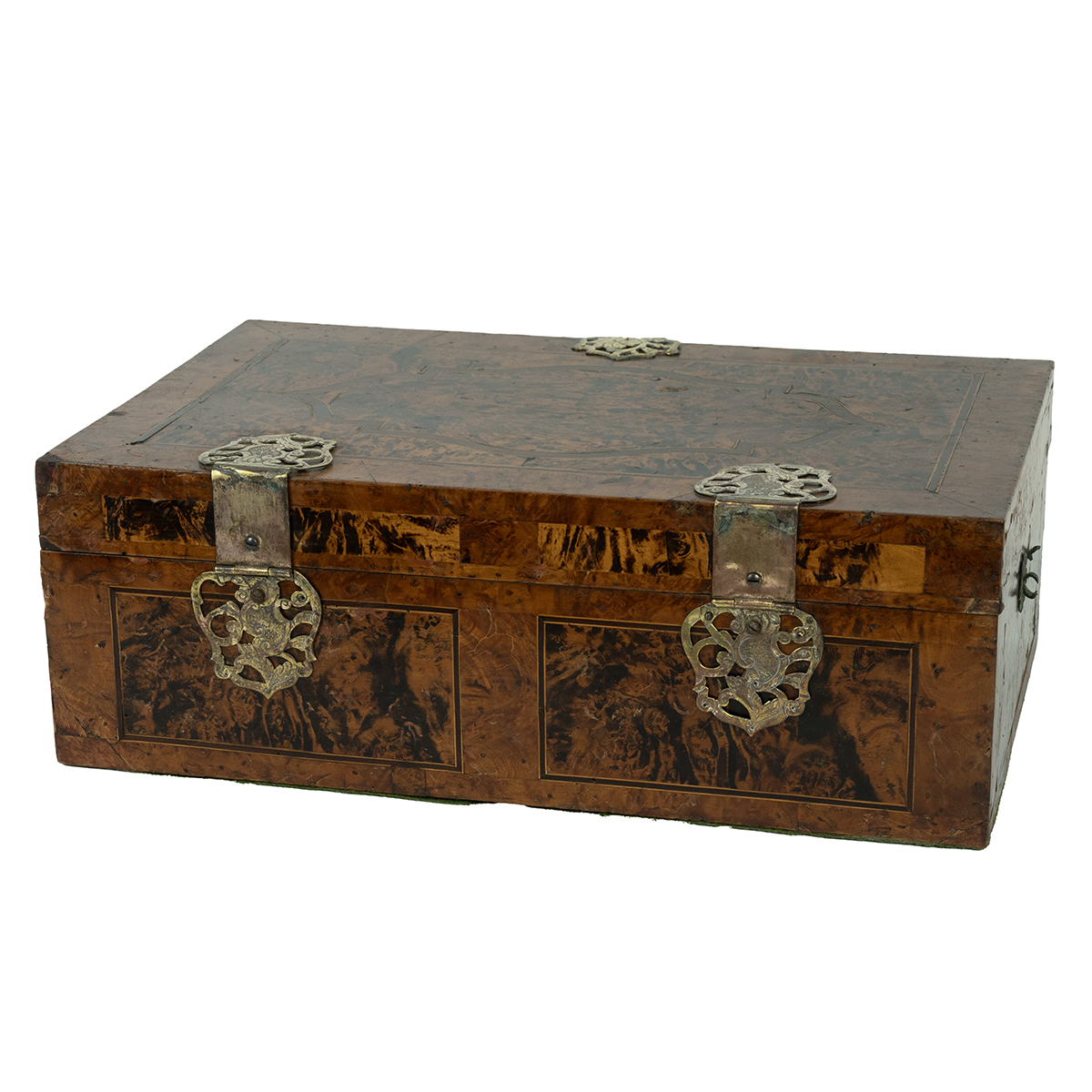 19th Century Anglo-Indian burr Walnut box with pierced brass fittings and stylised motif to lid. ... - Image 3 of 3