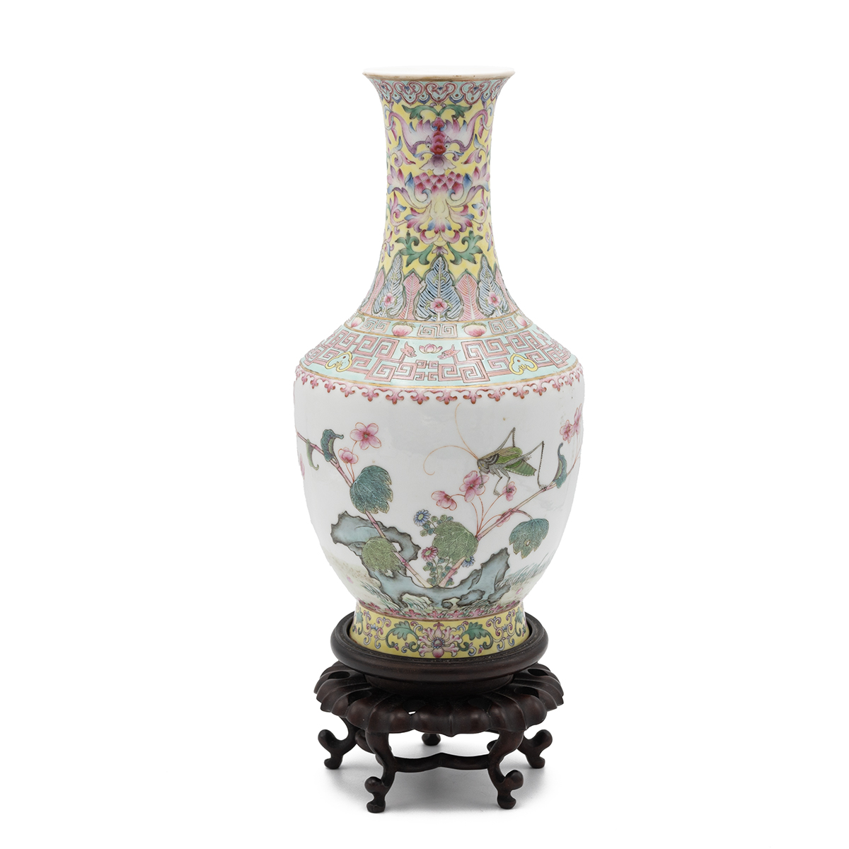 A Chinese Republic Period (1911-1949) baluster shaped famille rose vase on wooden stand, decorate...
