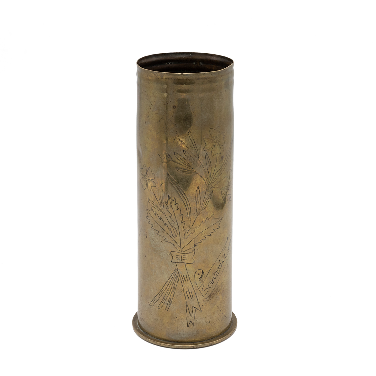 World War I trench art brass shell case vase with pricked decoration of four leafed clovers, oak ...