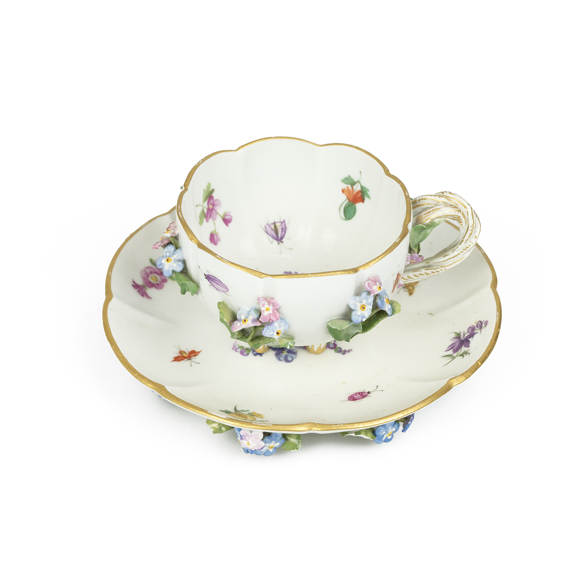A 19th Century "Flowers and Bugs" tea cup and saucer encrusted with flowers, bearing the Meissen ... - Image 3 of 4
