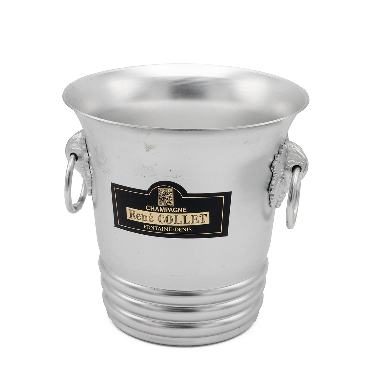 Rene Collet Champagne ice bucket in aluminium with two drop ring handles in vine and grape mounts...