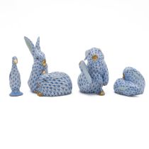 Herend VHB (Vieux Herend Blue) figurines to include model numbers: 15387 - "Scratching Bunny"; 52...