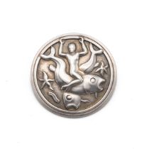 Arno Malinowski for George Jensen silver modernist brooch depicting a Merman riding a large fish,...