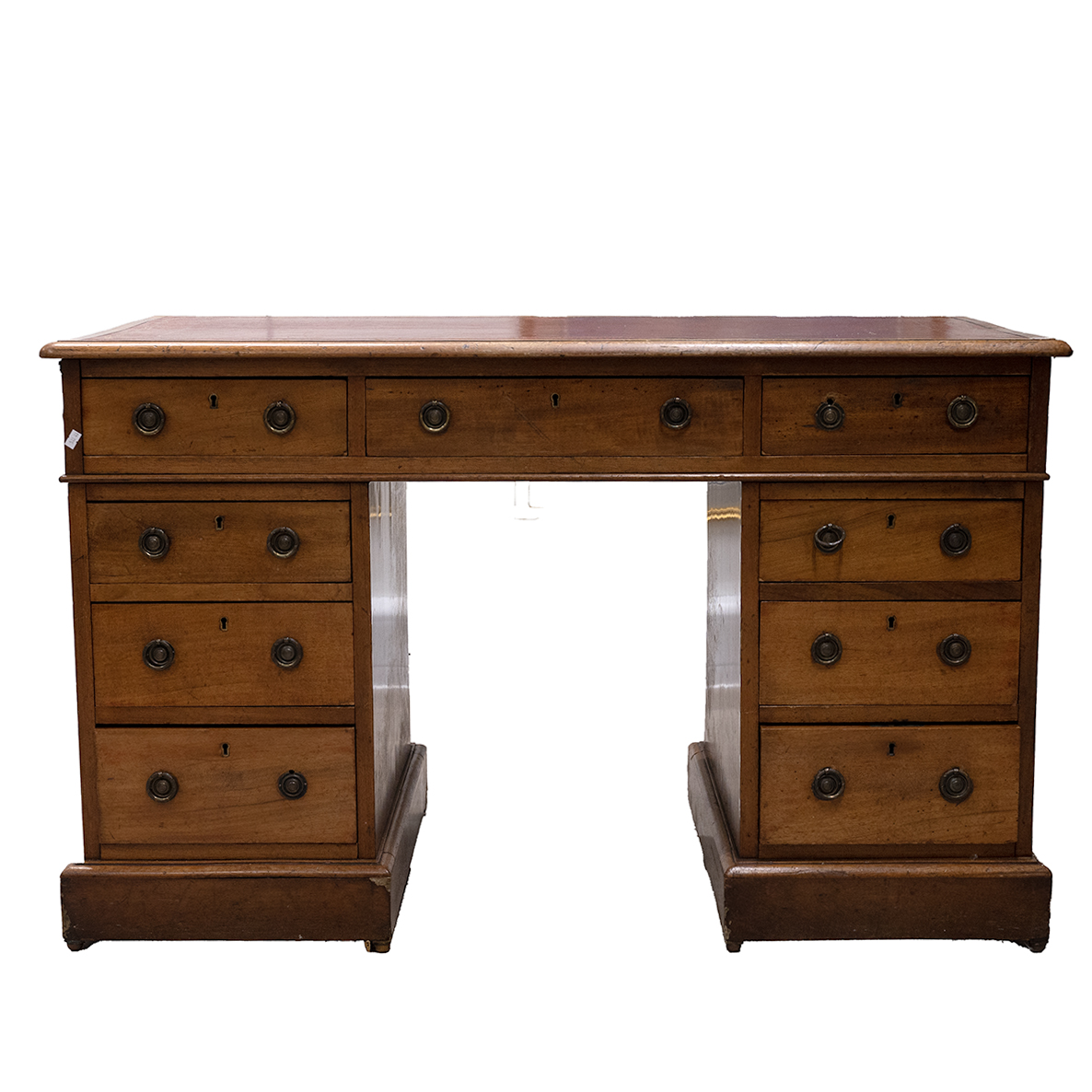 Mid Victorian walnut twin pedestal desk  with tooled red leather skiver top over nine drawers eac...