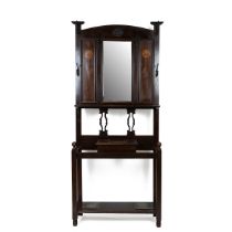Early 20th Century Arts and Crafts mahogany hall stand with central mirror flanked by inlaid pane...