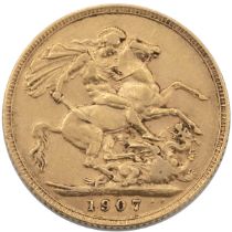 A 1907 full gold Sovereign.