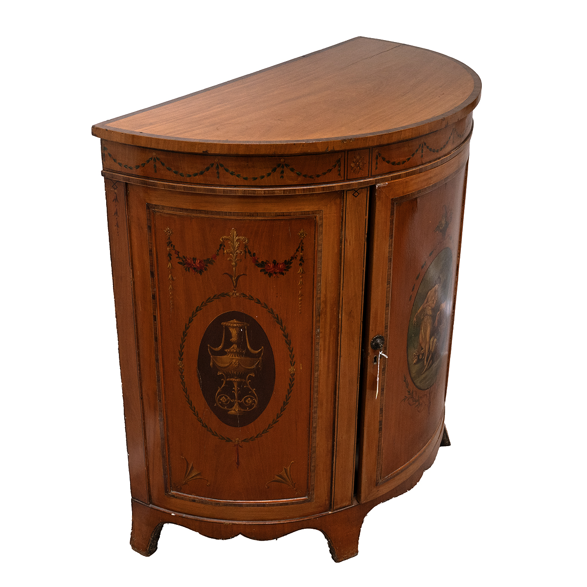 Early 20th Century Sheraton Revival Yew Wood demi lune cabinet with hand painted panels and door ... - Image 3 of 3