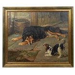 P. Lascalles (20th Century) - A Dog with a Puppy in a Farmyard, oil on canvas, signed 'P. Lascall...