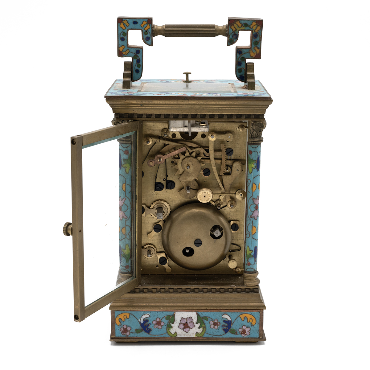 20th century brass and enamel carriage clock with repeater and alarm function and day of week and... - Image 4 of 5