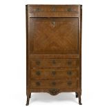 Mid 19th Century French walnut secretaire with parquetry and gilt metal detailing and black marbl...