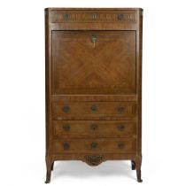 Mid 19th Century French walnut secretaire with parquetry and gilt metal detailing and black marbl...