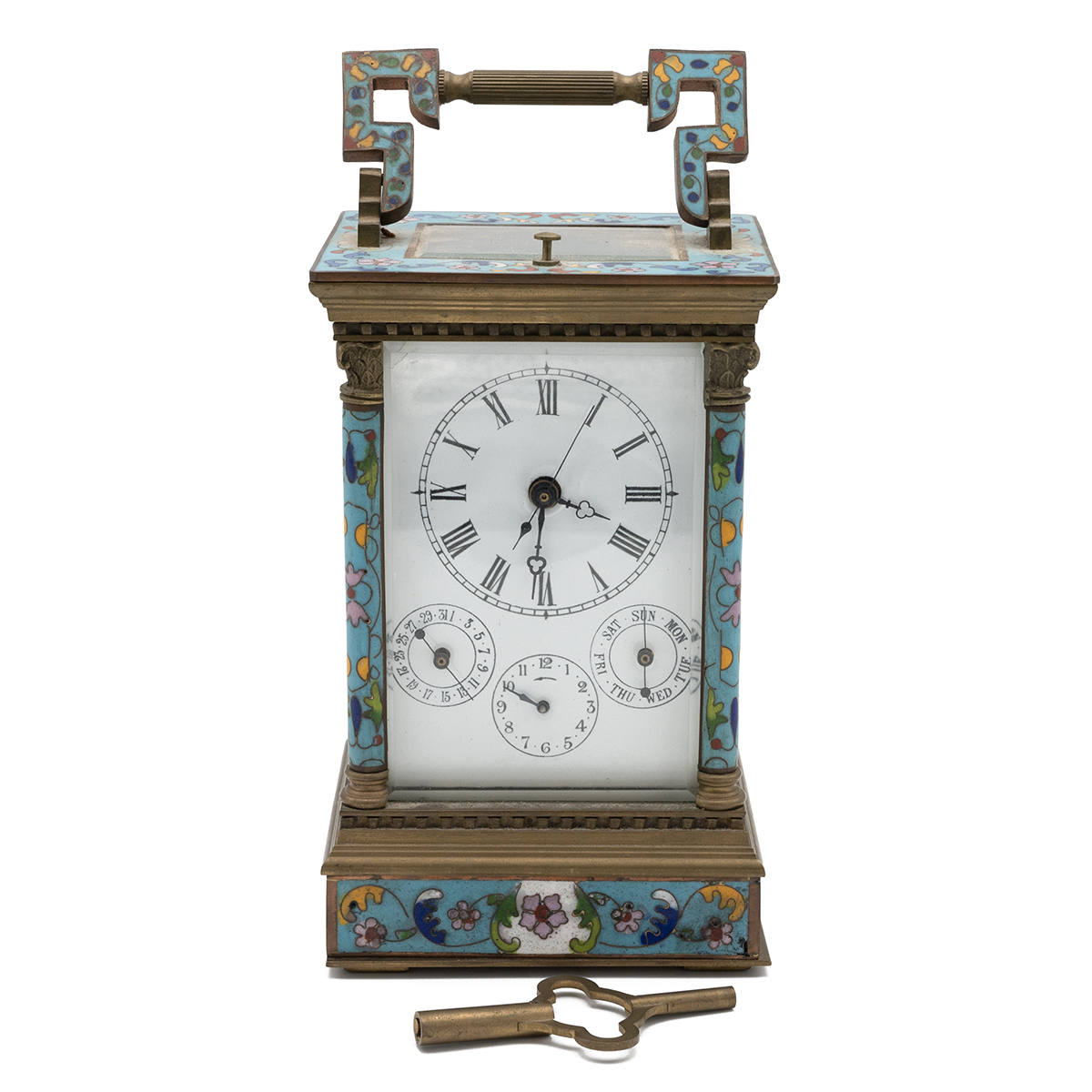 20th century brass and enamel carriage clock with repeater and alarm function and day of week and... - Image 2 of 5