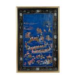 Framed vintage Chinese embroidered silk panel depicting events including a boat race, wrestling, ...