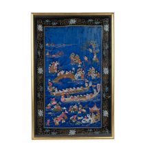 Framed vintage Chinese embroidered silk panel depicting events including a boat race, wrestling, ...