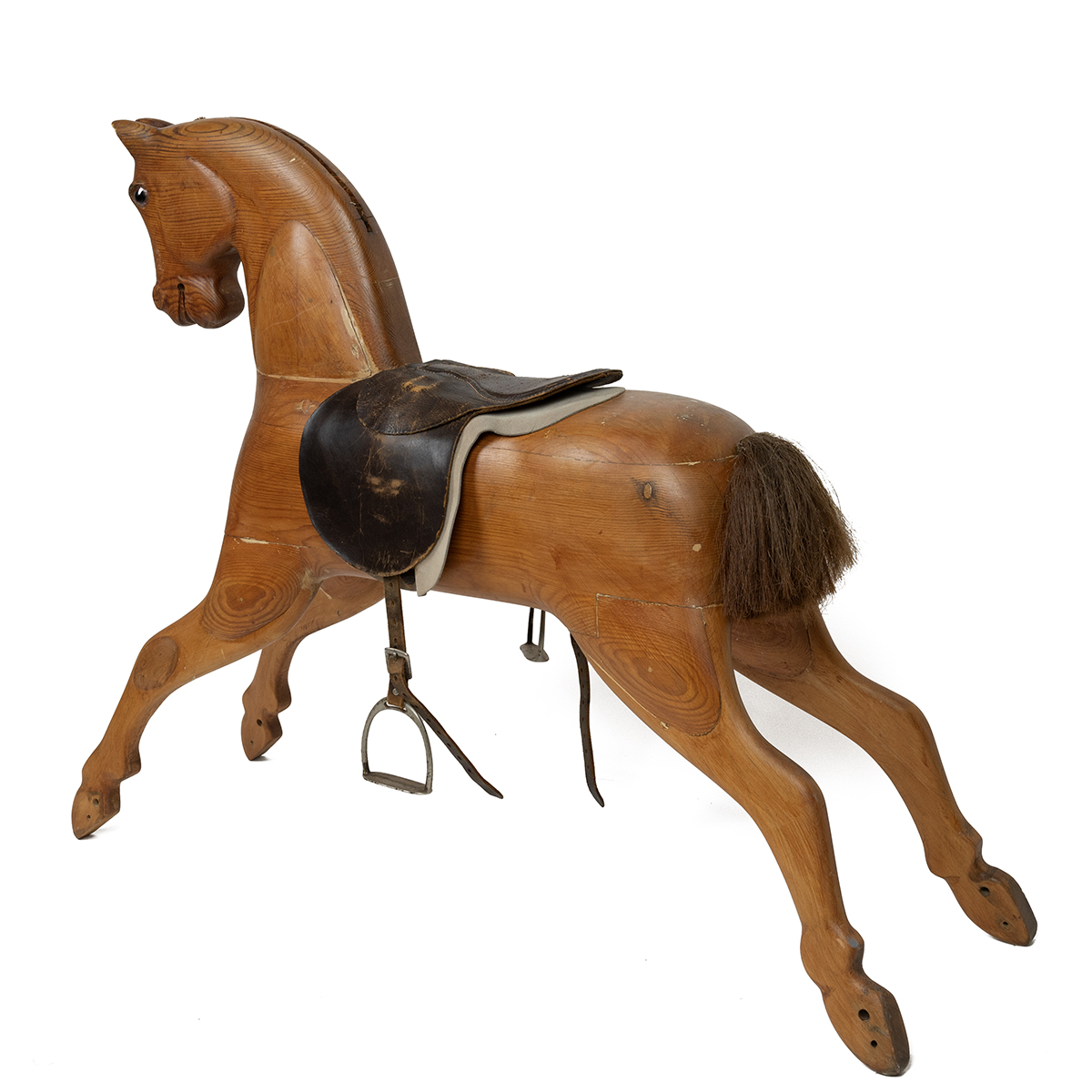 Mid 20th Century carved pine rocking horse, lacking rocking base, with leather saddle and stirrup... - Image 3 of 4