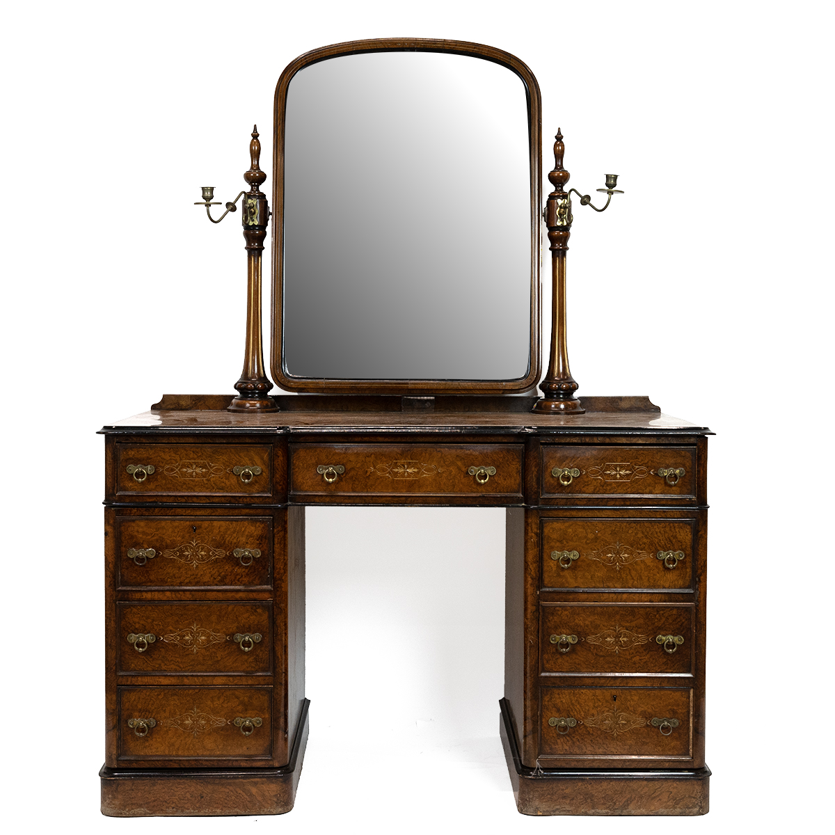 Mid 19th Century Gothic Revival dressing table in burr walnut of kneehole pedestal form, with swi...