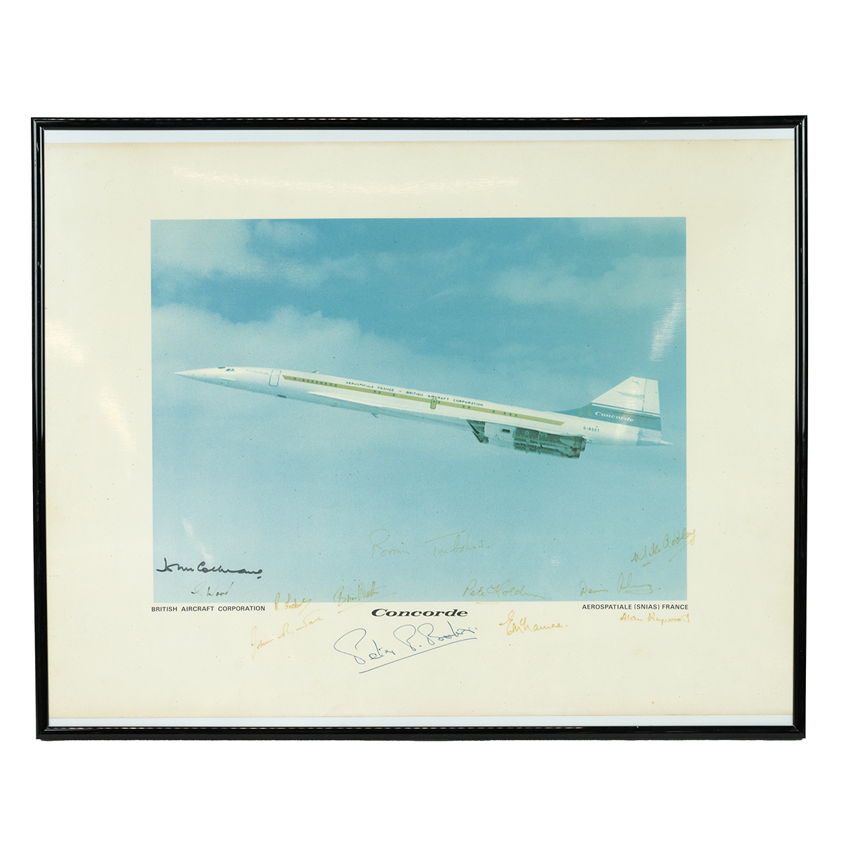 Concorde Interest. 1970s framed and autographed photographic print of a Concorde test plane G-BSS...