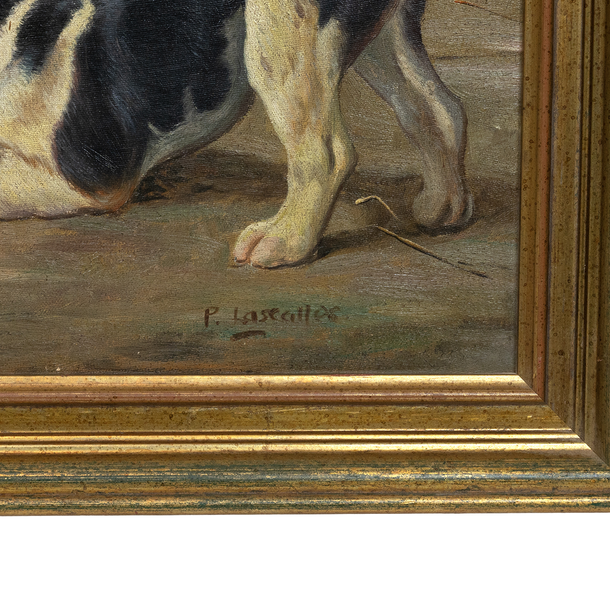 P. Lascalles (20th Century) - A Dog with a Puppy in a Farmyard, oil on canvas, signed 'P. Lascall... - Bild 2 aus 3