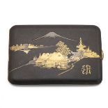 Japanese Meiji period Damascene cigarette case of steel, inlaid with 24ct gold, depicting pagoda ...