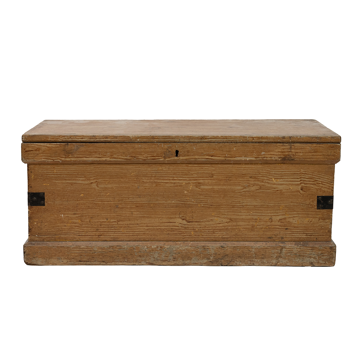 Victorian pine blanket box with painted wood grain finish. Iron handles to side, opens to single ...