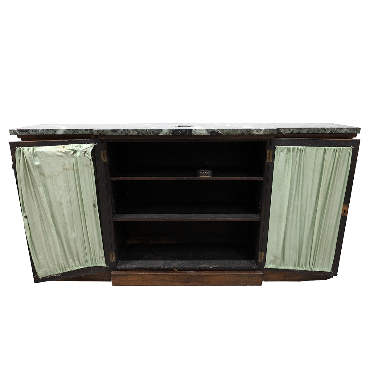 Regency rosewood break front sideboard with green marble top over four gilt metal fretwork doors ... - Image 2 of 3