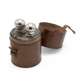 Pair of early 20th century travelling spirit flasks, of semi-circular form with chromed tops, con...