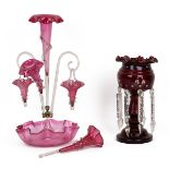 Victorian Glass - a  four branch Epergne with central trumpet vase, two lateral trumpet vases and...