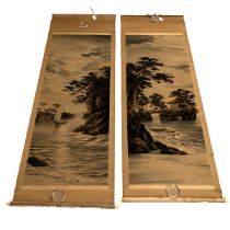 A pair of Japanese birodo yuzen cut velvet hanging scroll pictures, early 20th Century, depicting...