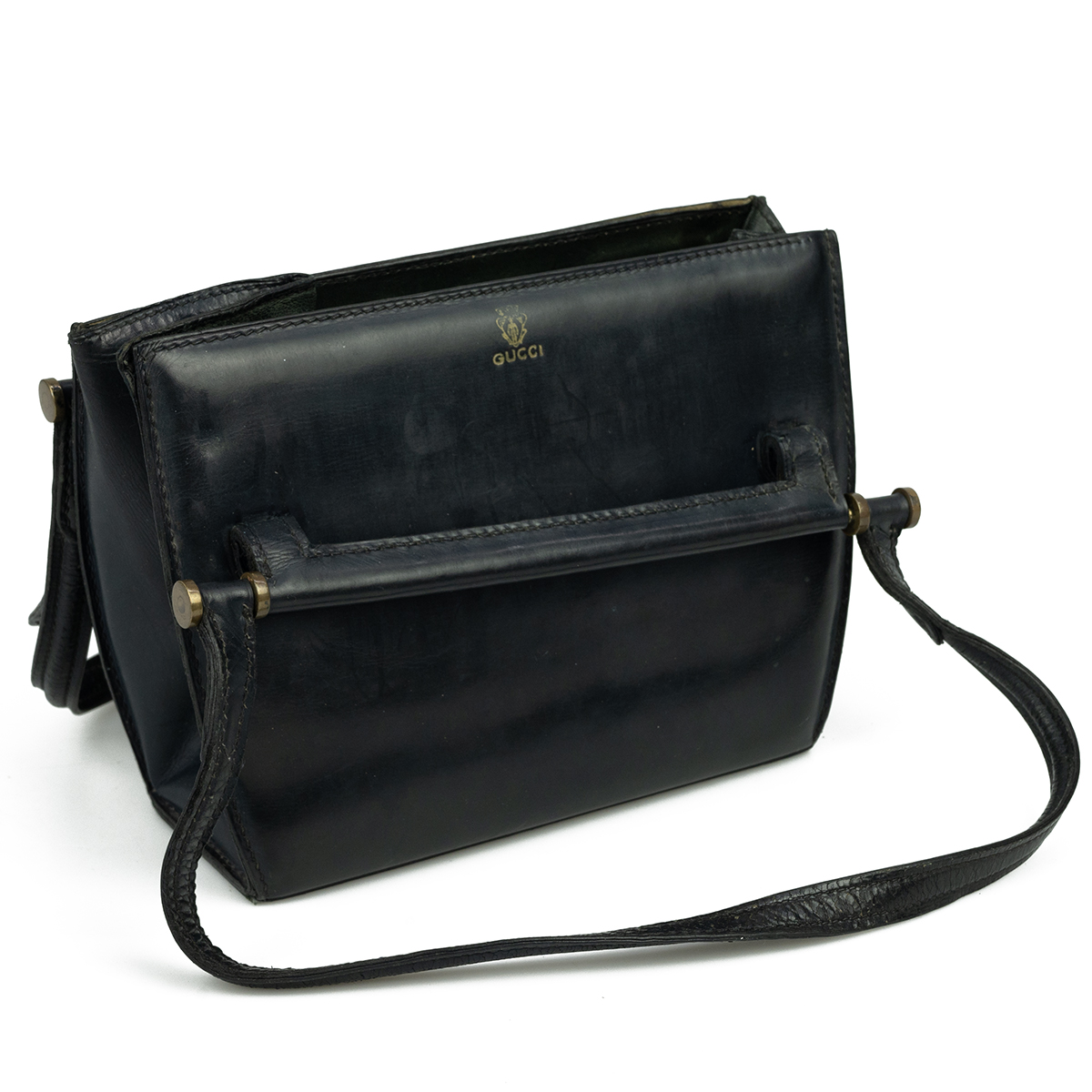 Circa 1980s vintage Gucci black leather handbag, with gold-tone hardware, single handle, leather ... - Image 6 of 9