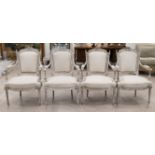 Set of four French 19th century Louis XVI style armchairs. Carved wood frames with ribbon detail ...