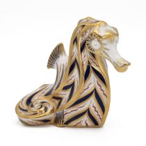 Royal Crown Derby Sea Horse paperweight in the Imari pattern, with silver stopper, marks indicati...