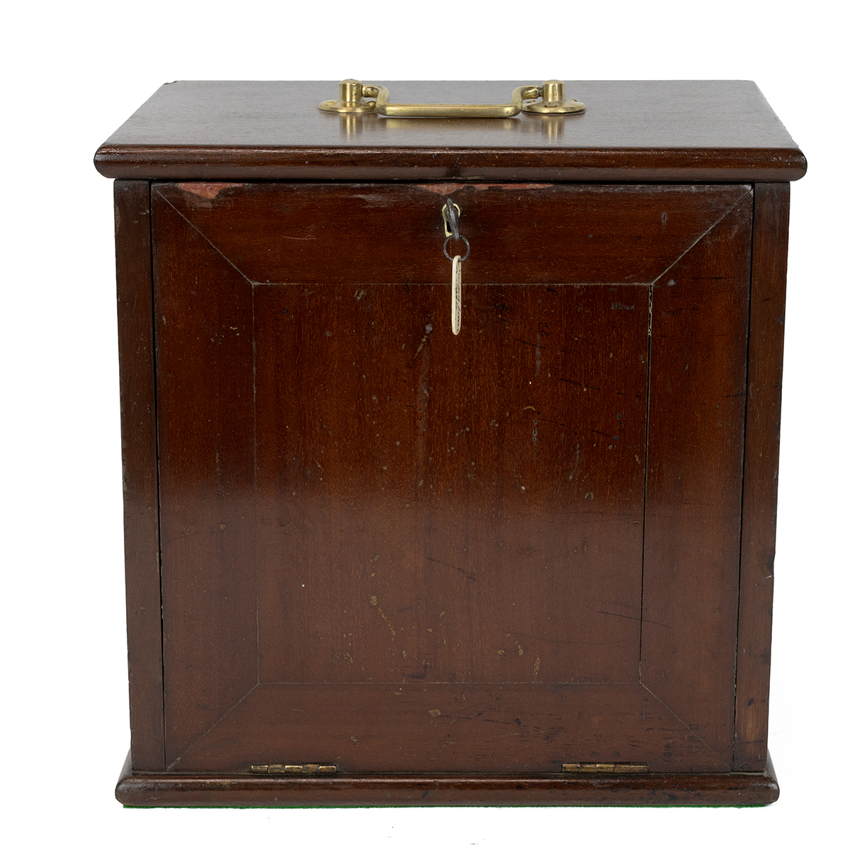 Early 20th Century mahogany coin collector's cabinet with brass carrying handle and hinged door t...