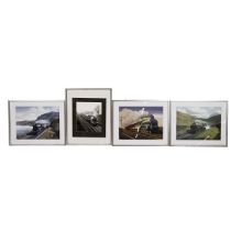 Group of vintage Railway theme prints and photographs in matching aluminium frames. Includes imag...