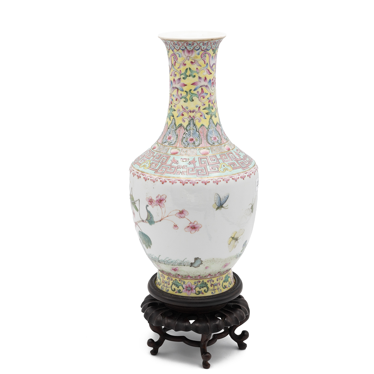A Chinese Republic Period (1911-1949) baluster shaped famille rose vase on wooden stand, decorate... - Image 2 of 4