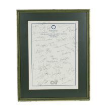 Framed Celebrity Golf Day, Woburn c1992 profusely covered with celebrity autographs. Including Fr...