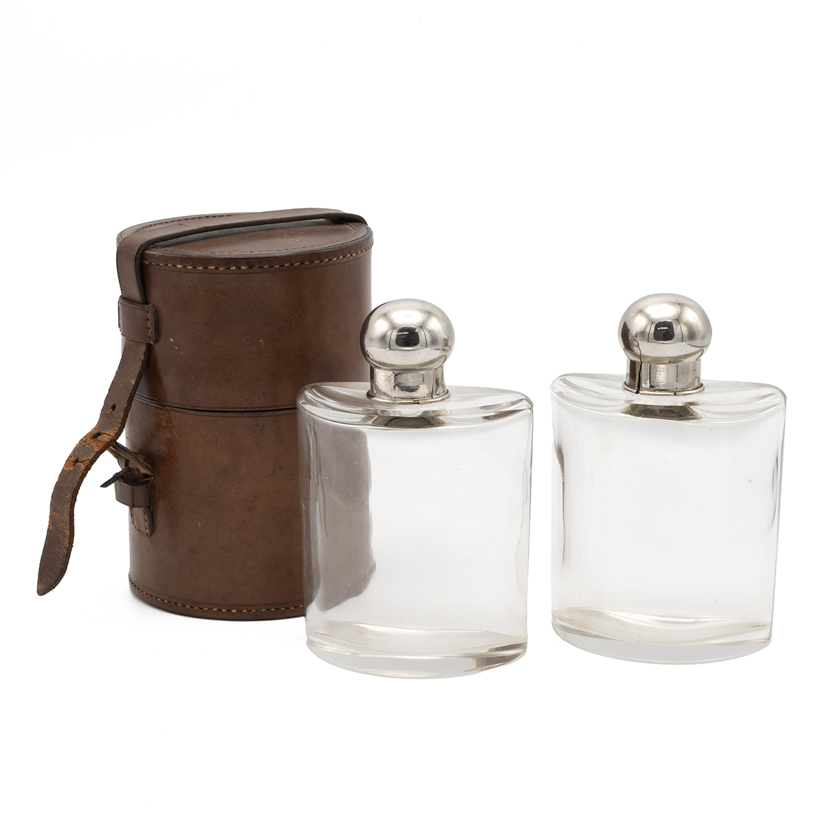 Pair of early 20th century travelling spirit flasks, of semi-circular form with chromed tops, con... - Image 3 of 5