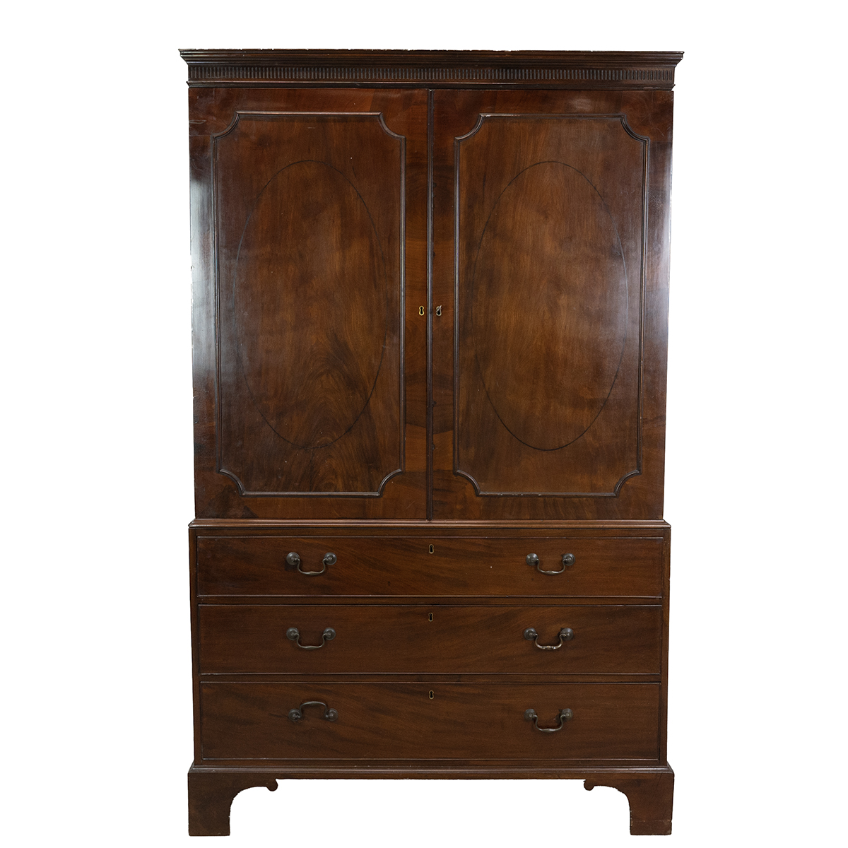 Georgian flame mahogany linen press, three drawers, with swan neck brass handles below cabinet wi...