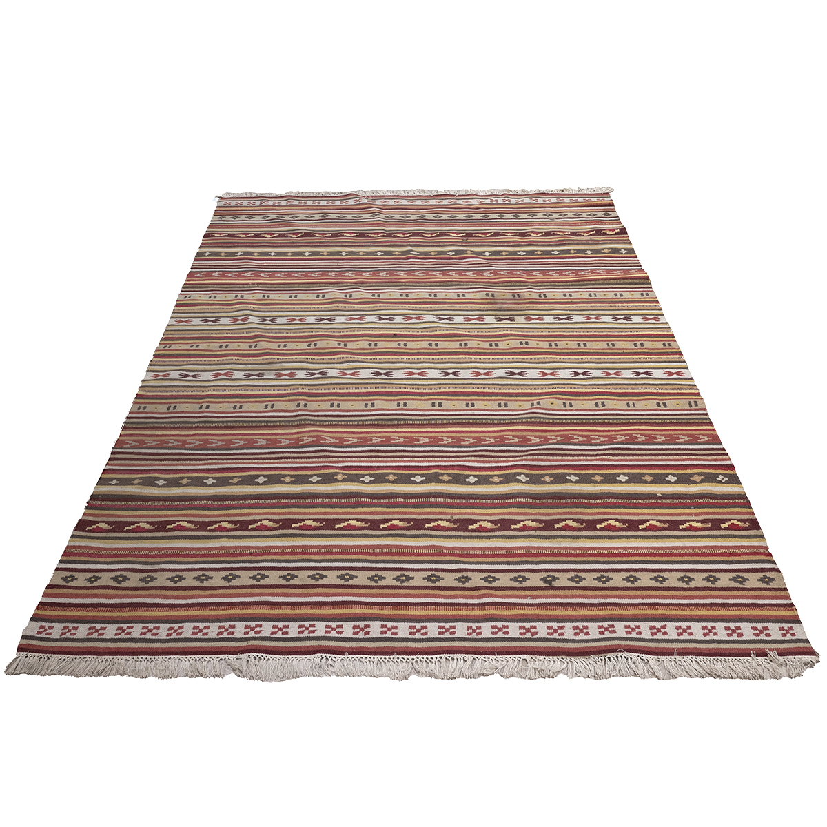 Vintage kilim rug, hand-knotted with a multi-coloured ground, with repeating patterns throughout....