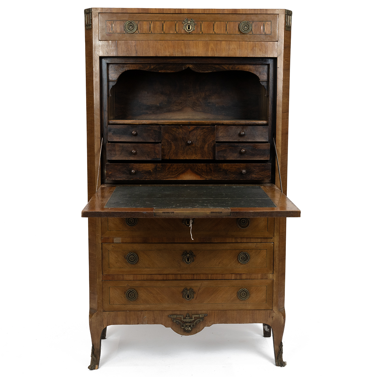 Mid 19th Century French walnut secretaire with parquetry and gilt metal detailing and black marbl... - Image 4 of 6