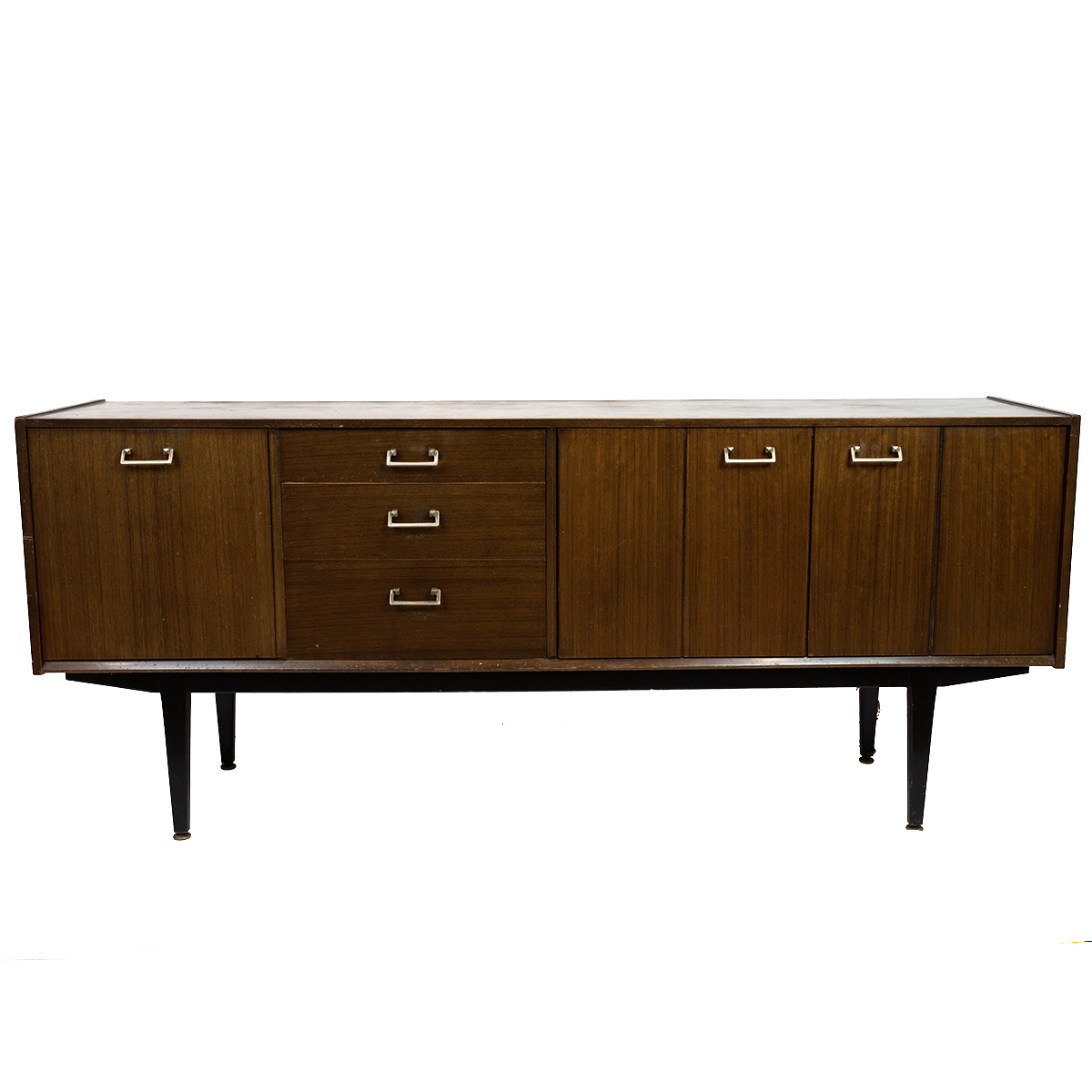 Mid Century Nathan sideboard in teak comprising drinks cabinet with drop down door, three drawers...