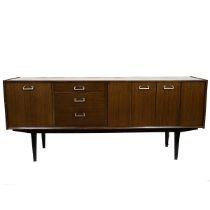Mid Century Nathan sideboard in teak comprising drinks cabinet with drop down door, three drawers...