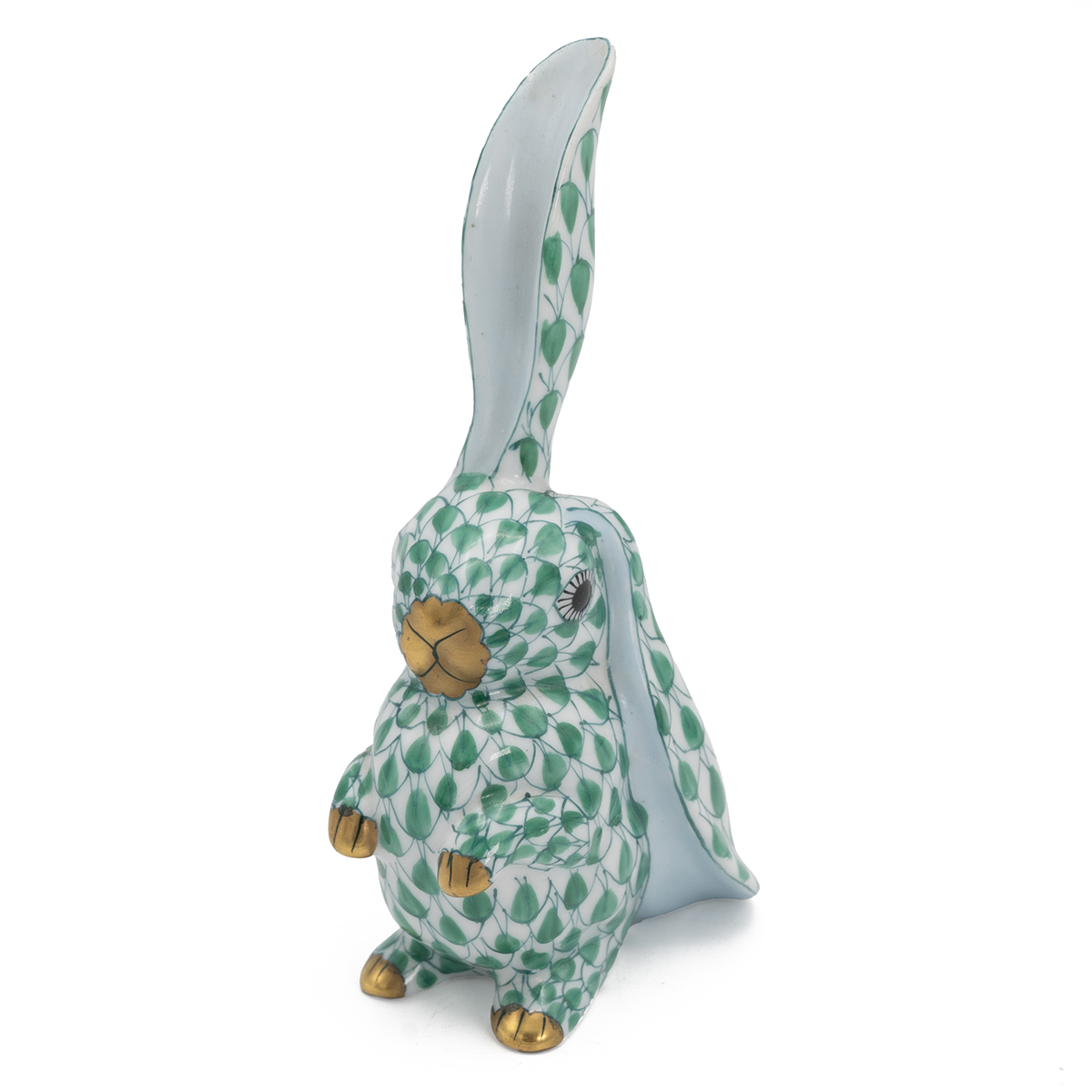 Herend - "Funny Rabbit" in Vieux Herend green fishnet with gilt highlights. Printed Herend crest ...