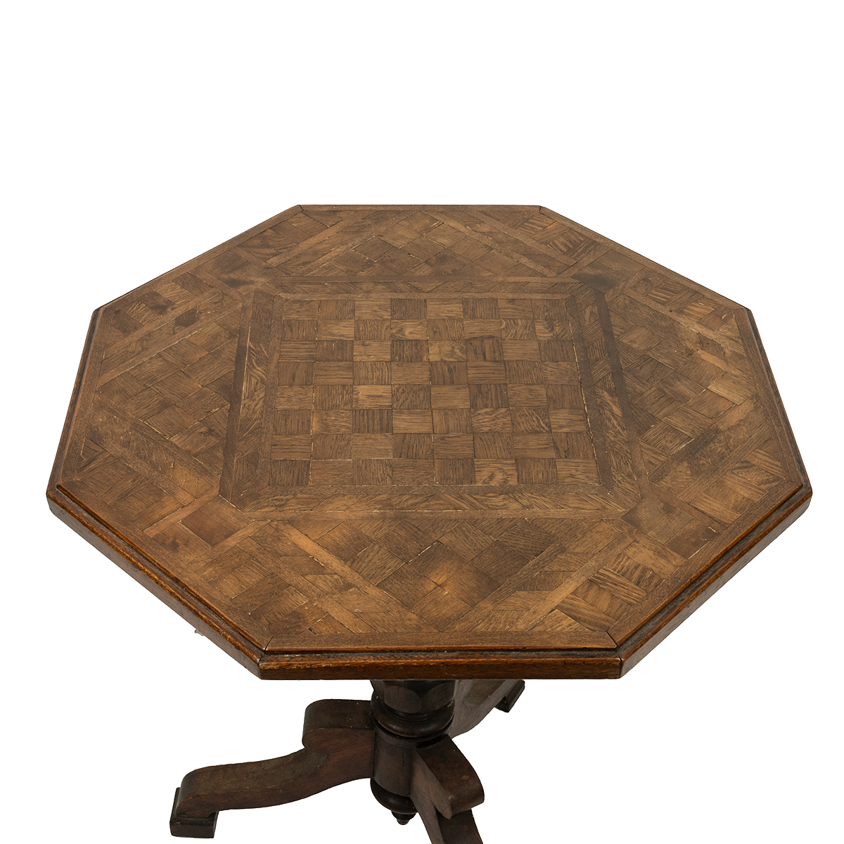 19th Century French oak hexagonal occasional table with parquetry top with inlayed chessboard, ra... - Image 2 of 2