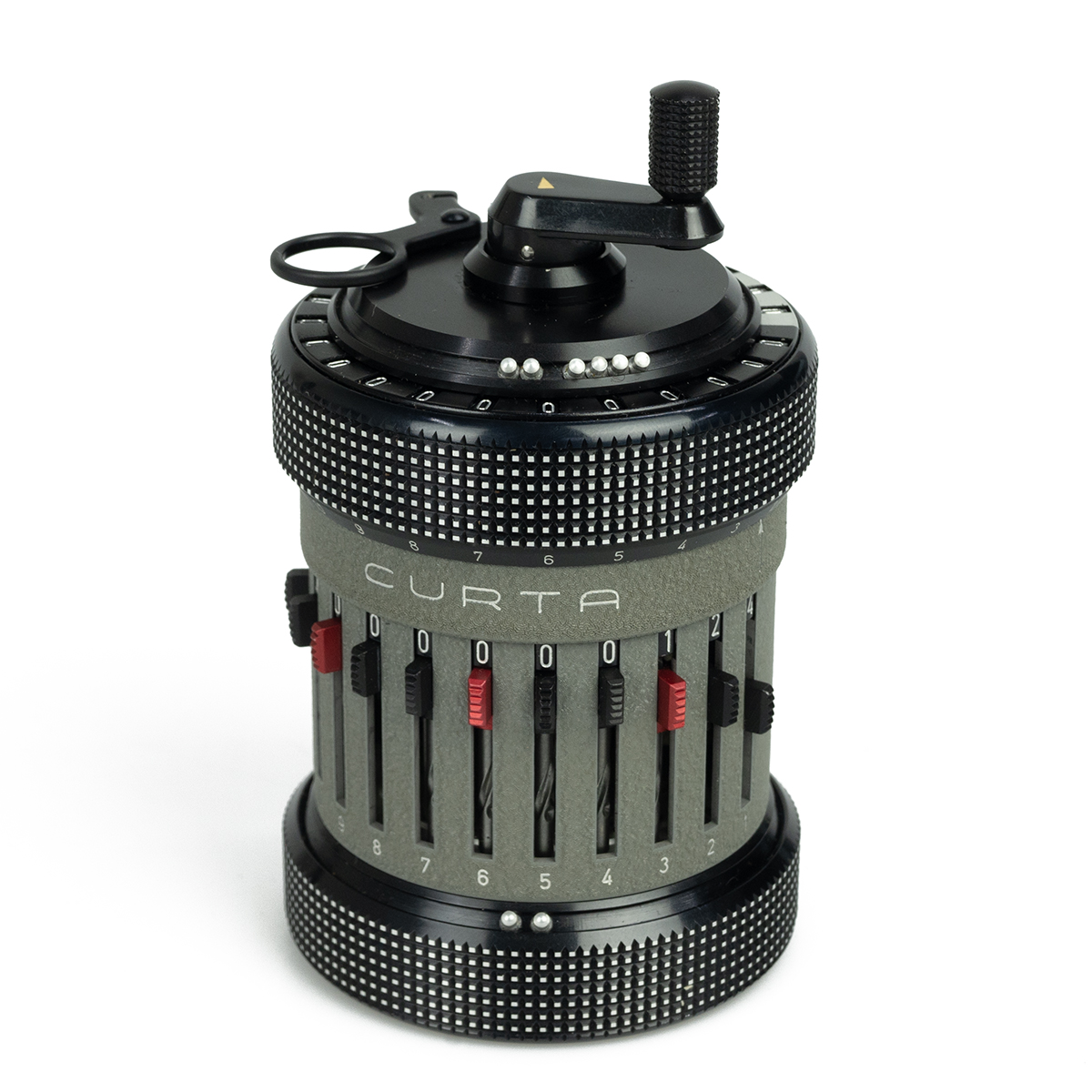 Curta II calculator serial 535150 manufactured March 1966. Black and grey body with black plastic...