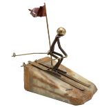 John DeMott - "The Skier" 1970's sculpture in brass on a honey quartz base depicting a slalom ski...