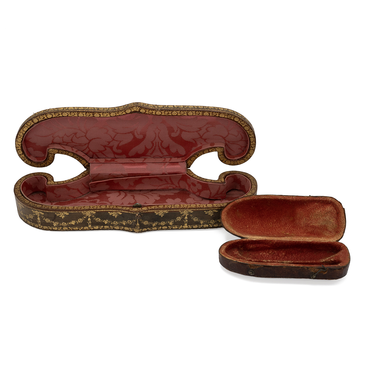 A 19th-century tooled leather-shaped jewellery case, with a red fabric interior, and another leat... - Image 2 of 2