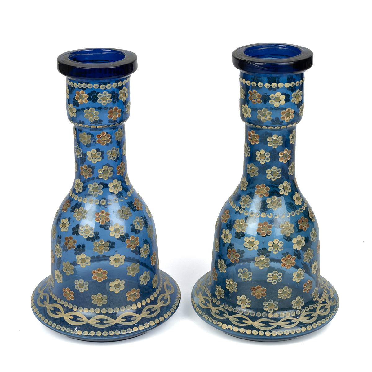 Pair of Bohemian Huqqa (or Hookah) bases in blue glass decorated with enamel flowers (height 27cm... - Image 3 of 3