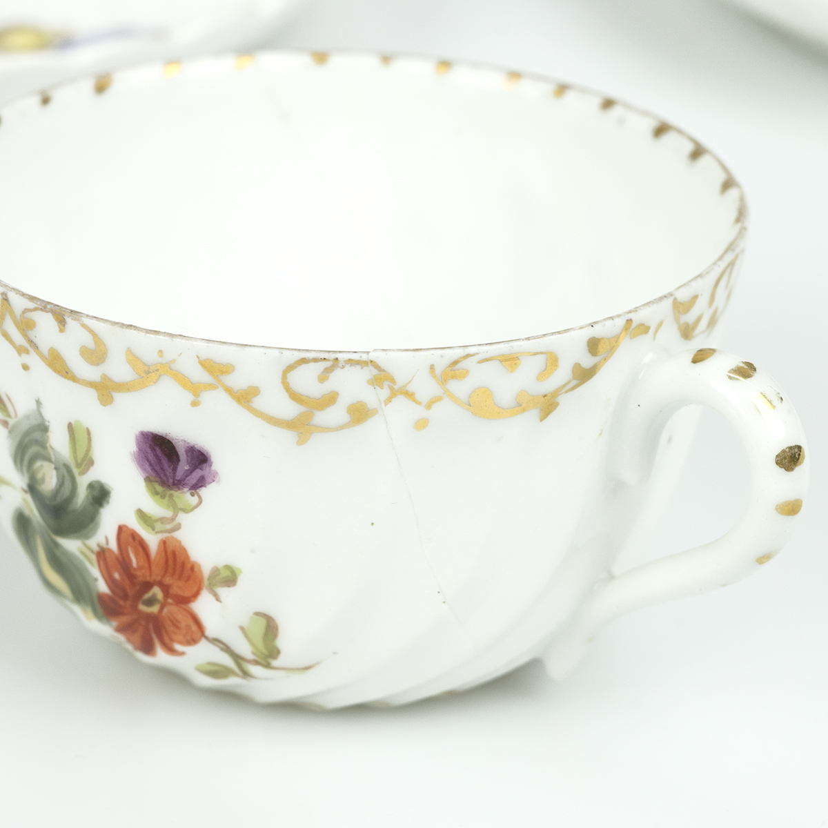 Late 19th Century Dresden two handled chocolate cup and quatrefoil saucer in the manner of Helena... - Image 4 of 6